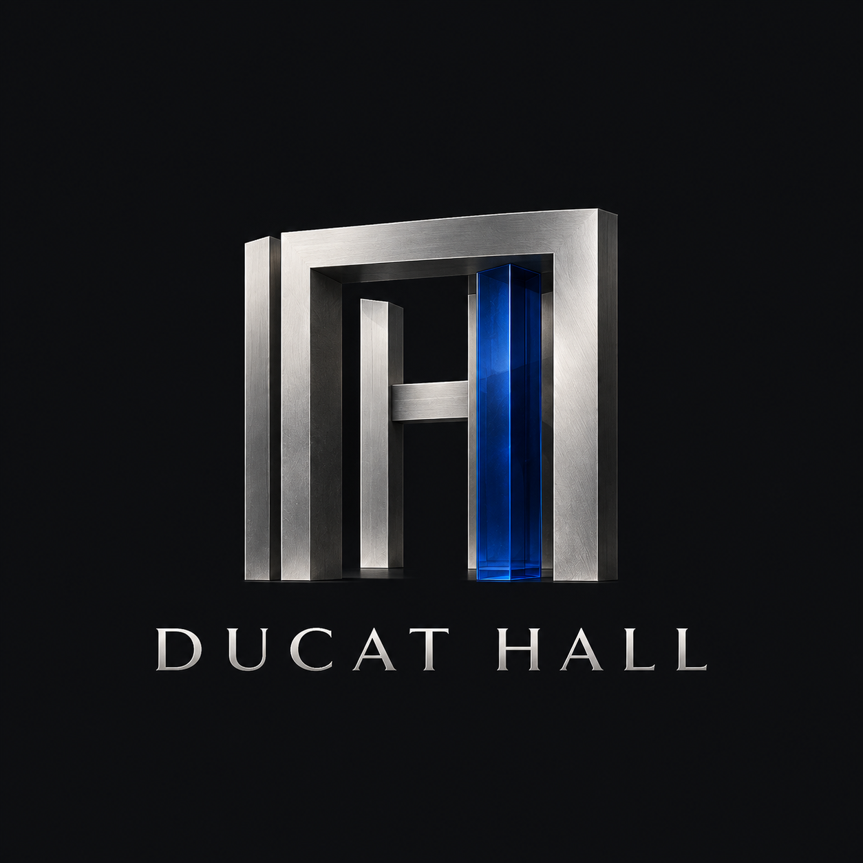 Ducat Hall silver architectural identity with a cobalt upright