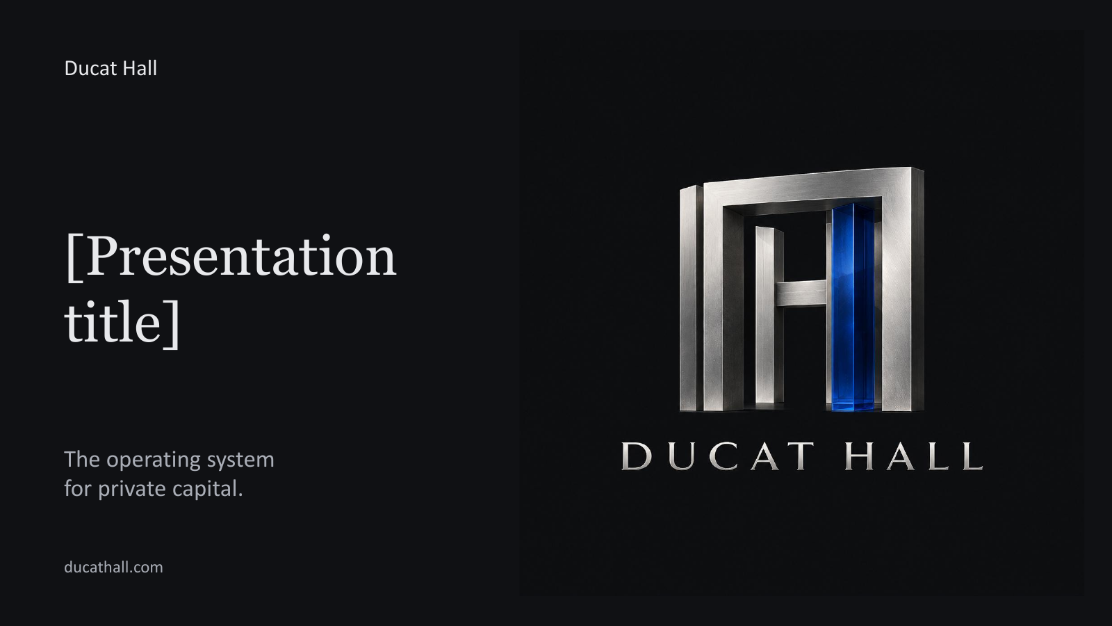 Ducat Hall presentation cover with the official serif wordmark and cobalt architectural motif
