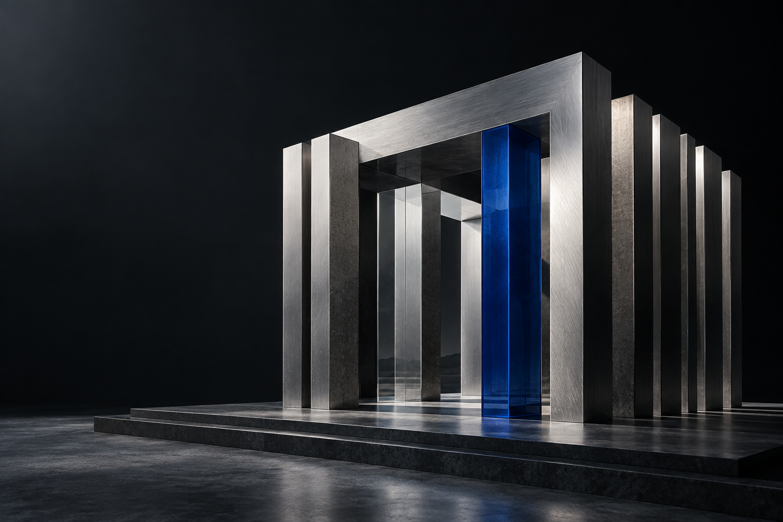Silver architectural columns united around a cobalt glass plane